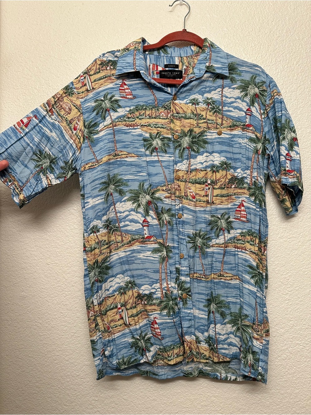 Men's Light Blue Tropical Print Short-Sleeve Button-Down Shirt